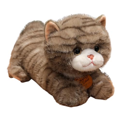 Aublinto Katze Kuscheltier Tigerkatze gestreift Kitten Hauskatze Plüschtier Gestreifter Katzenplüsch Süßes Liegendes Kätzchen, 35CM, Schwarze Katze, Weiches Stofftier für Katzenliebhaber von Aublinto