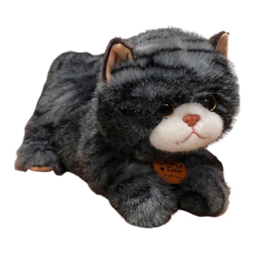 Aublinto Katze Kuscheltier Tigerkatze gestreift Kitten Hauskatze Plüschtier Gestreifter Katzenplüsch Süßes Liegendes Kätzchen, 35CM, Schwarze Katze, Weiches Stofftier für Katzenliebhaber von Aublinto