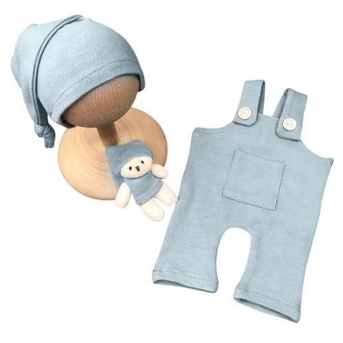 Aublinto Neugeborenes Baby Fotografie Requisite Outfits mit Bär Puppe, Neugeborene Stricken Knopf Spielanzug Baby Photo Prop Outfits Kleidung Baby Overalls Baby Fotoshooting Kostüm Kostüme für Baby von Aublinto