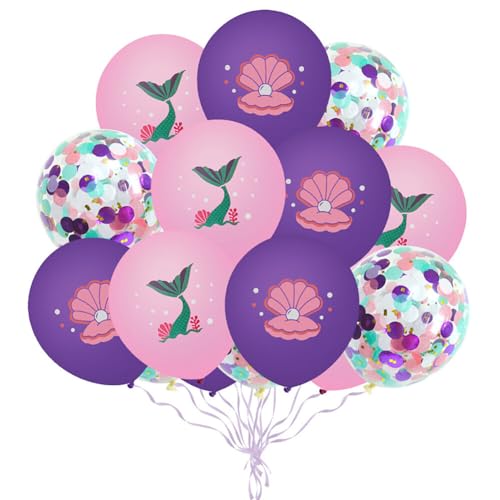 Aublinto Party-Deko Luftballons Geburtstag Happy Birthday Ballon Luftballons Meerjungfrau Seepferdchen Meer Ballons aus violettem Latex 15 teiliges Konfetti Set für Geburtstagspartys Typ 1 von Aublinto