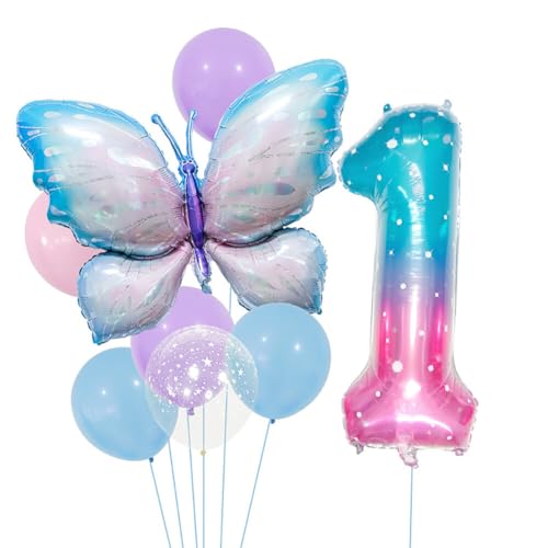 Aublinto Party-Deko Schmetterling Luftballons Geburtstag Mädchen Schmetterlinge Folienballon Geburtstagsdeko Feen mit Band für Themen Party Festival Party Dekoration Nummer 1 von Aublinto