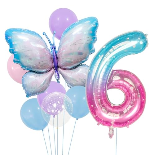Aublinto Party-Deko Schmetterling Luftballons Geburtstag Mädchen Schmetterlinge Folienballon Geburtstagsdeko Feen mit Band für Themen Party Festival Party Dekoration Nummer 6 von Aublinto