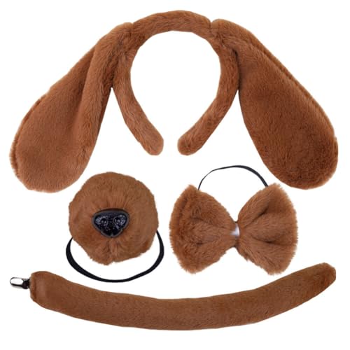 Aublinto Plüsch-Hundeohr-Stirnband-Set Fliege Hundeohren Kopfdekoration Plüschflecken Hundenase Schwanz Tierhaarreifen Hundeohren Haarband für Halloween Cosplay Typ 3 von Aublinto