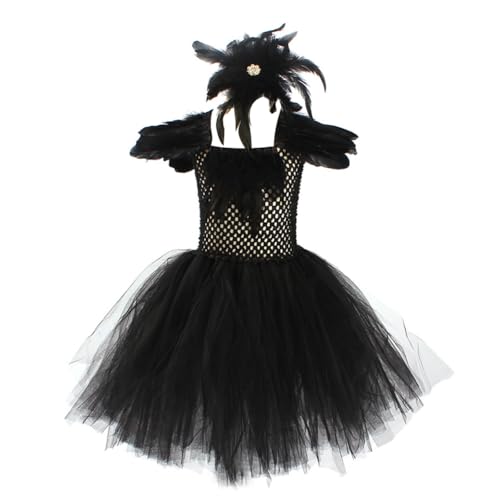 Aublinto Schwarz Kostüm Mädchen, Kinder Halloween Kinder Kostüm mit Perücke Schmuck Accessoires für Kinder Familie Prinzessin Schwarz Kleid Halloween Karnival Cosplay Partykleid Bühnenshows, Karneval von Aublinto