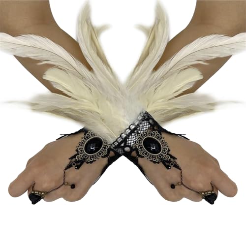 Beige Federarmband mit Fingerkette Elegantes und einzigartiges Feder-Wristband, Perfektes Zubehör für Bühnenperformances, Cosplay-Events und Partys, Stilvolles Feder Ornament für jedes Kostüm von Aublinto