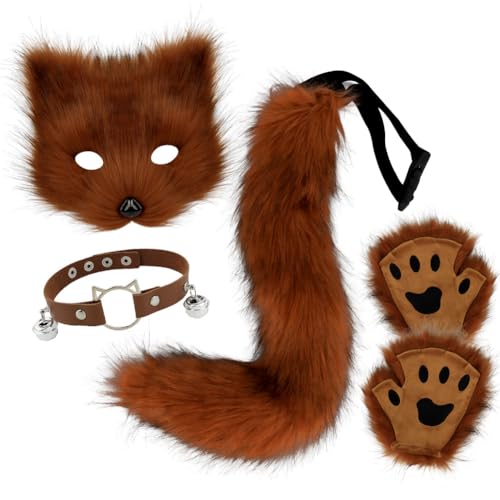 Katze Fuchs Cosplay, Kunstpelz Fuchs Maske, Katze Fuchs Cosplay, Wolf Katze flauschiger Schwanz und Leder Halskette Set, Party Cosplay Kostüm Accessoire Fuchs Kostüm Cosplay Kostüm mit Furry Schwanz von Aublinto