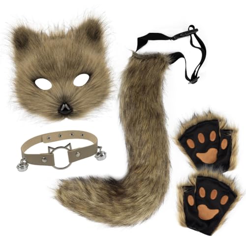 Katze Fuchs Cosplay, Kunstpelz Fuchs Maske, Katze Fuchs Cosplay, Wolf Katze flauschiger Schwanz und Leder Halskette Set, Party Cosplay Kostüm Accessoire Fuchs Kostüm Cosplay Kostüm mit Furry Schwanz von Aublinto