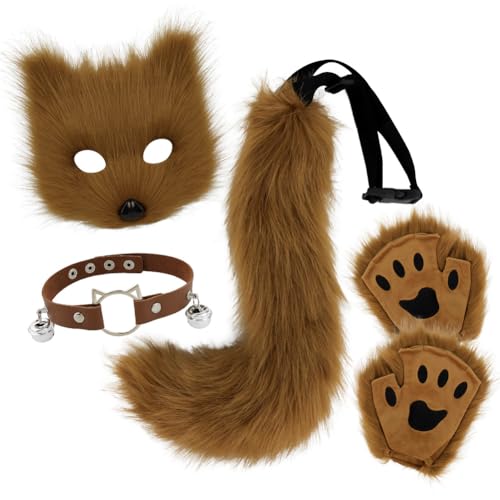 Katze Fuchs Cosplay, Kunstpelz Fuchs Maske, Katze Fuchs Cosplay, Wolf Katze flauschiger Schwanz und Leder Halskette Set, Party Cosplay Kostüm Accessoire Fuchs Kostüm Cosplay Kostüm mit Furry Schwanz von Aublinto