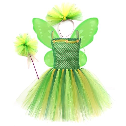 Tinkerbell Blumenfee Kostüm Mädchen Kinder Feen Verkleidung kostüm Tutu Kleid Halloween Cosplay mit Schmetterlings flügeln Zauberstab Stirnband Fasching Karneval Mottoparty Ankleiden A001 von Aublinto