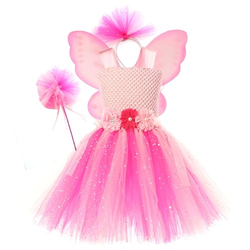 Tinkerbell Blumenfee Kostüm Mädchen Kinder Feen Verkleidung kostüm Tutu Kleid Halloween Cosplay mit Schmetterlings flügeln Zauberstab Stirnband Fasching Karneval Mottoparty Ankleiden A001 von Aublinto