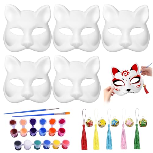 Audasi 5 Stück Therian Mask Stück Katzenmaske Papier Maske Masken zum Bemalen Kinder Handgemalte Maske Leere Cat Mask Maskerade DIY Farbe für Halloween Maskerade Karneval Cosplay Geburtstag (Katze) von Audasi