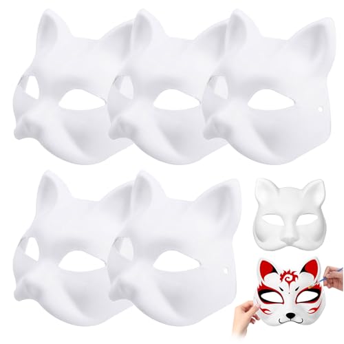 Audasi 5pcs Katzen Masken Cat Mask Katzenmasken zum Anmalen Therian Mask Weiß DIY Katzenmaske Handgemalte Cat Maske für Maskerade Halloween Kinder Cosplay Kostüm Gastgeschenke Christmas von Audasi