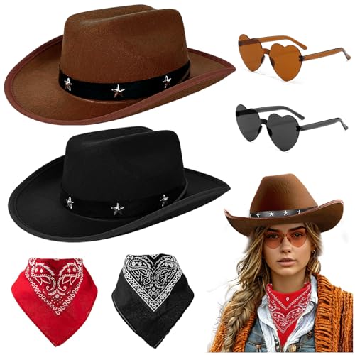 Audasi Cowboy Fancy Dress Zubehör Set, 6 Pack schwarze und braune Sterne-studded Cowboy Hüte Sonnenbrille mit roten & schwarzen Bandanas Western Fancy Dress-up für Cosplay Halloween Party Audasi Cowboy Fancy Dress Zubehör Set, 6 Pack schwarze und braune Sterne-studded Cowboy Hüte Sonnenbrille mit roten & schwarzen Bandanas Western Fancy Dress-up für Cosplay Halloween Party von Audasi