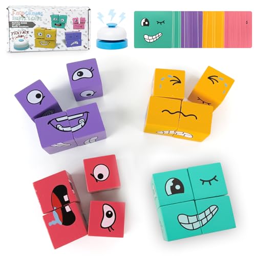 Audasi Holz-Ausdruck Spielzeug Würfelpuzzle 3D Puzzle Face-Changing Magic Cube Expression Puzzle Bausteine Muster-Zuordnungsspiel Lernpuzzle Spielzeug Brettspiele mit Glocke und Karte von Audasi