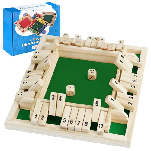 Audasi Shut The Box Spiel Brettspiel Aus Holz 4 Spieler mit Würfeln mit Würfeln 4-seitige 10 Zahlen Mathespiele für Kinder Klassiker Tabletop-Spiele würfelspiel Reisespiele Traditionelle Kneipenspiele von Audasi