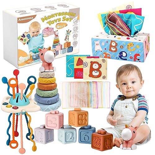 Auezona 4 in 1 Montessori Baby Spielzeug 6 Monate-3 Jahre, Stapelturm, UFO Silikon Zugschnur Sensorik Spielzeug, Taschentuchbox, ab 6 9 12 Monate 1 2 3 Jahre von Auezona