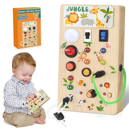 Auezona Montessori Spielzeug Busy Board mit LED, Activity Board Holzspielzeug LED Holzspielzeug, Motorikspielzeug Sensorik Spielzeug(Dschungel) von Auezona