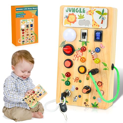 Montessori Busy Board Spielzeug ab 1 Jahr, Activity Board Baby Spielzeug LED Holzspielzeug Lichtschalterspielzeug, Motorikspielzeug, Autofahrt Kinder Reisespiele ab 1 2 3 4 Jahr (Dschungel) von Auezona