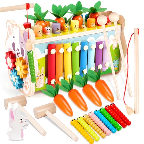 Montessori Spielzeug ab 18 Monaten, 8 in 1 Holzspielzeug Baby Hammerspiel mit Xylophon Kinder, Angelspiel Lernspielzeug Motorikspielzeug, Holz Babyspielzeug Geschenk für Junge Mädchen ab 18 Monaten von Auezona