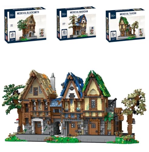 3-IN-1 Mittelalterliche Haus Modellbausatz mit LED-Beleuchtung, 5958 Teile Klemmbausteine Mittelalter Haus Modular Building Set, Klemmbausteine Mittelalterliche Burg Bausatz von Auforua