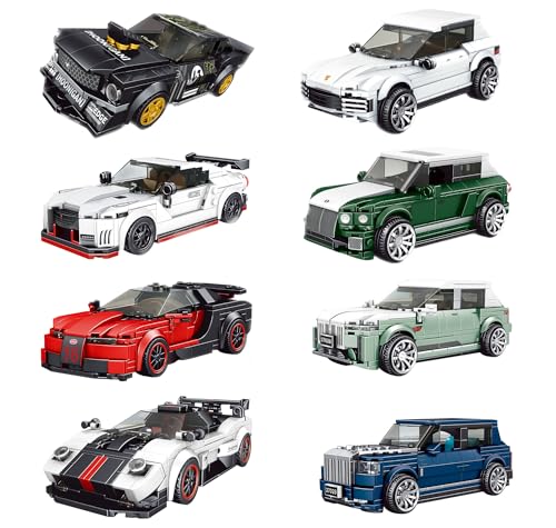 8 Set Technik Auto Bausatz für Speed Champions 2024, Klemmbausteine Auto Modell mit Vitrine, Kompatibel mit Speed Champions Autos von Auforua