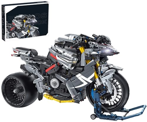 Auforua Technik Motorrad Bausatz, 1:5 Motorrad Modellbausatz mit LED-Beleuchtung, 2426 Teile Klemmbausteine Technik Motorrad Groß MOC Set, Technik Motorrad Bausteine von Auforua