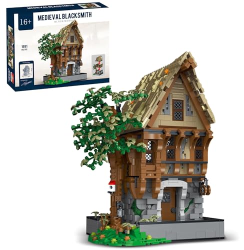 Mittelalterliche Schmiede Modellbausatz mit LED-Beleuchtung, 1991 Teile Klemmbausteine Mittelalter Haus Modular Building Set, Klemmbausteine Mittelalterliche Burg Bausatz von Auforua