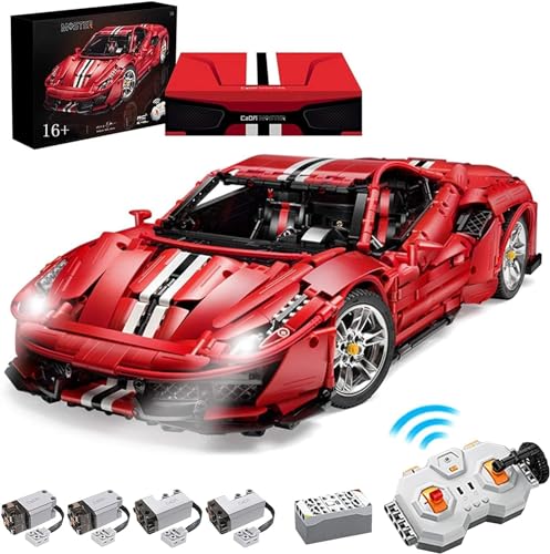 Technik Autos für Farrari 488 Pista, Mit Motoren Set und LED Licht, 1:8 Groß Auto Modellbausatz, 3187 Klemmbausteine Technik Auto MOC Bauset, Kompatibel mit Ferrari 488 Technik Auto von Auforua