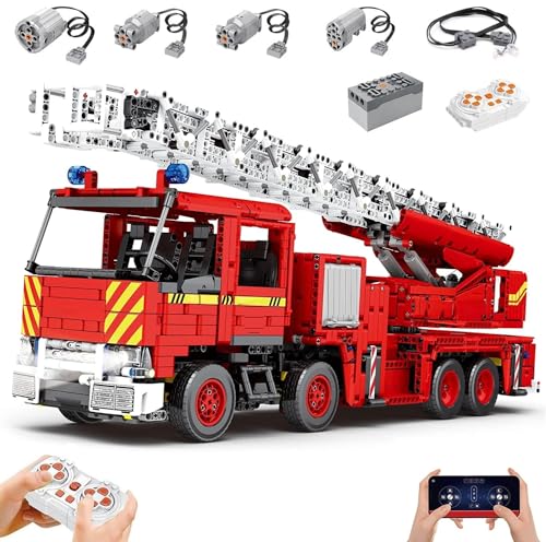 Auforua Technik Feuerwehrauto Ferngesteuert, 3266-tlg groß MOC Klemmbausteine Feuerwehrauto Leiterwagen Set, Mit Power Functions Set von Auforua