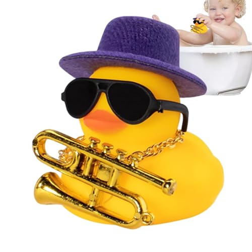 Aufquwk Armaturenbrett-Ente,Gummi-Auto-Enten-Dekoration mit Quietschen | -Entenauto-Ornament mit Musikinstrument-Halskette, Sonnenbrille, Hut von Aufquwk