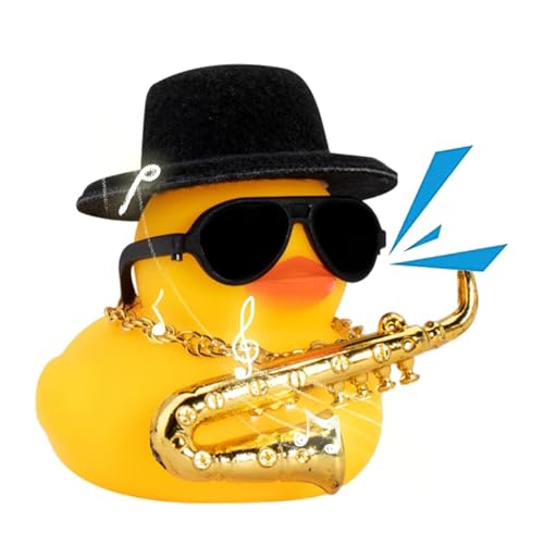 Aufquwk Armaturenbrett-Ente,Gummi-Ente Quietschspielzeug Auto-Ornamente | -Entenauto-Ornament mit Musikinstrument-Halskette, Sonnenbrille, Hut von Aufquwk