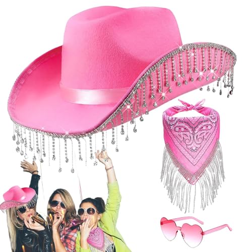 Aufquwk Cowgirl-Hut für Party, Strass-Quasten-Cowboyhut - 3 Stück Cowgirl-Schal für Damen | Bachelorette-Party-Kostüme, Western-Cowboy-Hut für Frauen, Abschlussfeier von Aufquwk