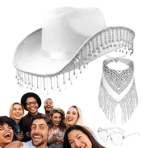 Aufquwk Cowgirl-Hut mit Herzbrille, Cowgirl-Hut- und Schal-Sets - 3-teiliges Set Cowgirl-Hut für Bachelorette-Party-Kostüme,Western-Cowboyhut mit Herzbrille, Cowgirl-Schal von Aufquwk