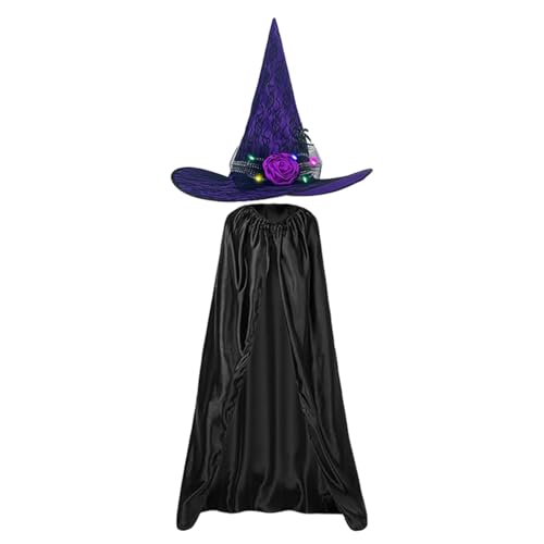 Aufquwk Halloween Cape Set,Halloween Hexen Cape | Zaubererumhang Hexenumhang,Schwarzes Cape-Halloween-Kostüm mit leuchtendem Hexenhut für Erwachsene für Kostüm-Rollenspiele, Halloween-Foto von Aufquwk