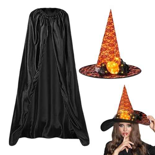 Aufquwk Halloween-Umhang, Halloween-Umhang für Erwachsene - Zaubererumhang Hexenumhang,Schwarzes Cape-Halloween-Kostüm mit leuchtendem Hexenhut für Erwachsene für Kostüm-Rollenspiele, Halloween-Foto von Aufquwk