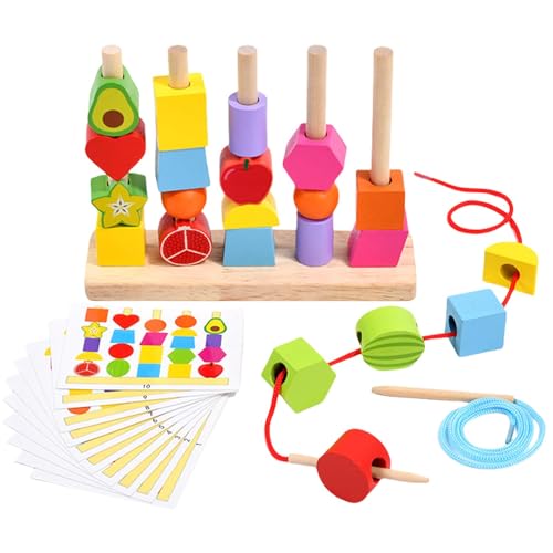 Aufquwk Perlen-Reihenfolge-Spielzeug-Set, Holz-Schnürperlen-Spielzeug - Passende Formen Stapel-Lernpuzzles aus Holz - Pädagogisches STEM-Spielzeug im Vorschulalter für Kinder, Mädchen, Kleinkinder von Aufquwk