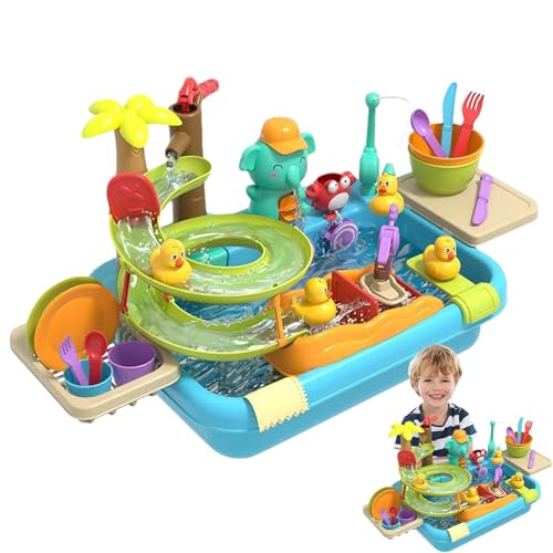 Aufquwk Spielzeug für die Küchenspüle,Arbeitsspüle für Kinder, 4-in-1-Küchenspielset, Waschbeckenspielzeug, Pool-Schwimm- und Angelspielzeug, Spülmaschinen-Spielspielzeug mit Rutschbahn für Kinder, von Aufquwk