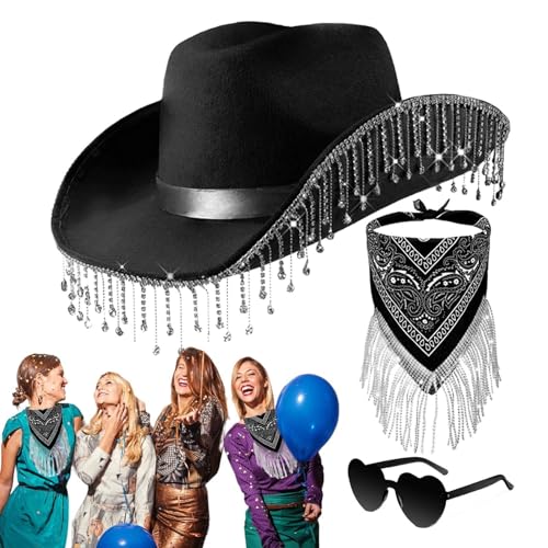 Aufquwk Strass-Quasten-Cowgirl-Hut, Strass-Cowgirl-Hüte für Frauen | 3er Set Strass Cowgirl Schal - Herz-Brillen-Set für Halloween, Maskerade, Abschlussfeier, Cosplay-Zubehör von Aufquwk