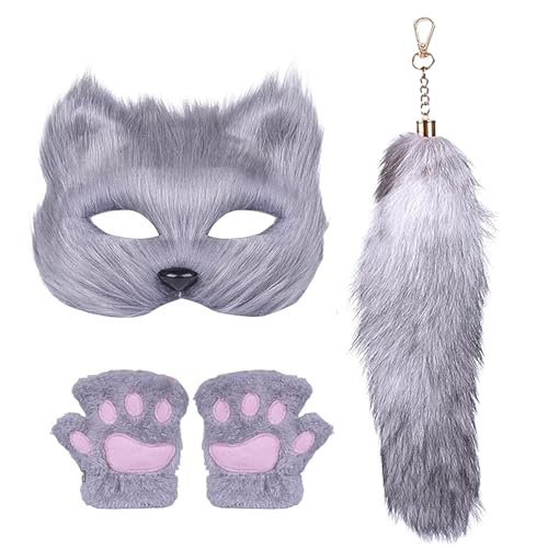 Aufquwk Wolfskostüm, Halloween-Kostüme für Damen - Faux Wolf Pfote Gesichtsbedeckung Schwanz,Niedliche dekorative Ausrüstung, künstlicher Wolf, Cosplay, Katzenhandschuhe, Maskenschwanz für Maskerade, von Aufquwk