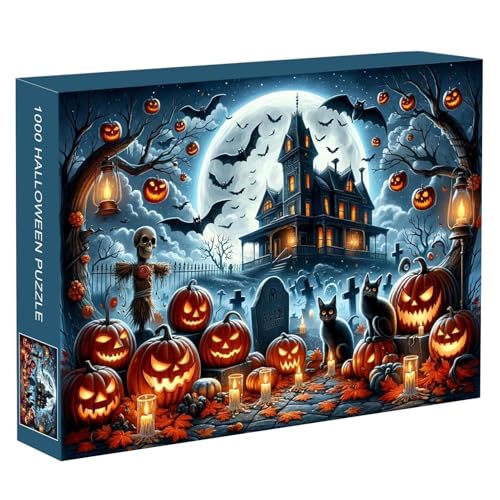 Puzzle 1000 Teile, 28'' × 20'' Halloween-Albtraum-Puzzle, Ghosts Gather Here, Horror-Spukhaus-Kürbiis-Geist-Grab-Fledermaus-Themenpuzzles, Rahmenpuzzle für Erwachsene und Jugendliche, Partyzubehör von Aufquwk