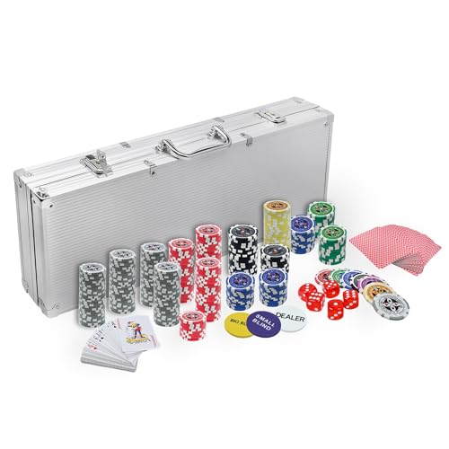 AufuN Pokerkoffer 500 Chips Laser Pokerchips 12 Gramm Metallkern, inkl. 2X Pokerdecks, 5X Würfel, Dealer Button, Big Blind, Little Blind, Poker-Set mit Silber Aluminium Gehäuse mit 2 Schlüssel von AufuN