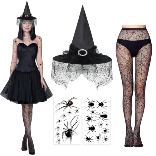 4 Teiliges Hexen Kostüm Accessoire, Hexenhut mit Spitzenbesatz, Strumpfhose Spinnennetz, Spinnen Tattoo Gesicht, Hexen Spinnen Kostüm Zubehör für Karneval Fasching Cosplay von Augesak