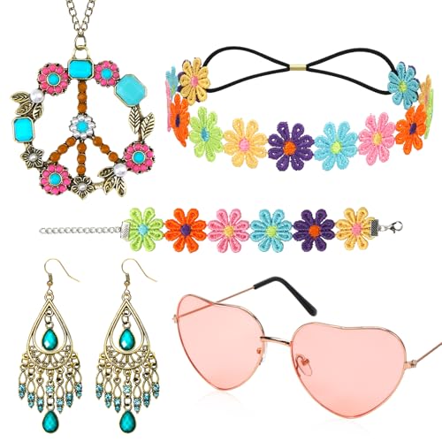 5 Stück Hippie Accessoires, Hippie Kostüm Damen Accessoires, 60er 70er Jahre Bekleidung Damen Zubehör, Flower Power Accessoires, Peace Kette, Hippie Brille, Hippie Schmuck Karneval (Böhmen Stil) von Augesak