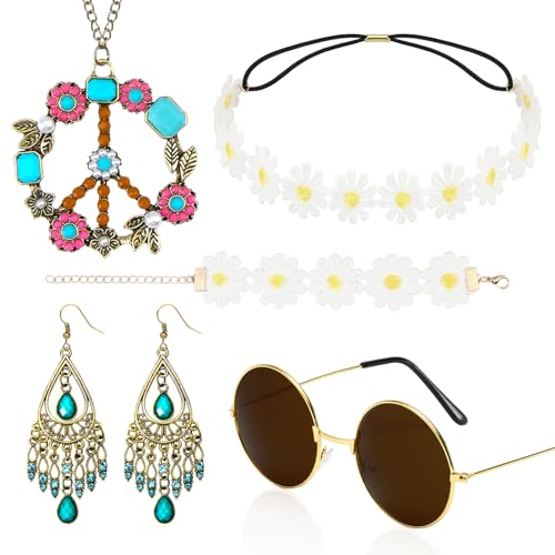 5 Stück Hippie Accessoires, Hippie Kostüm Damen Accessoires, 60er 70er Jahre Bekleidung Damen Zubehör, Flower Power Accessoires, Peace Kette, Hippie Brille, Hippie Schmuck Karneval (Böhmen Stil) von Augesak