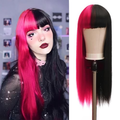 Draculaura Cosplay Perücke, Schwarze Rosa Perücke für Mädchen, Zweifarbige Lange Gerade Perücke, Anime Cosplay Perücke Accessories für Karneval Halloween Weihnachten Geburtstag Cosplay Party von Augesak