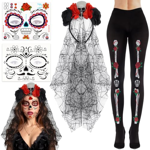 Halloween Kostüm Accessoire Damen, Halloween Tag der Toten Haarreif und Schleier, Mexikanische Stirnband Rosen Totenkopf Kopfschmuck Haarband, Strumpfhose Skelett Tattoo Gesicht für Maskerade Cosplay von Augesak