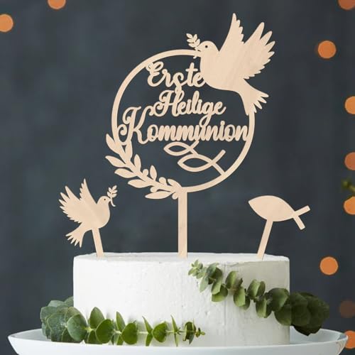 Kommunion Tortendeko, Erste Heilige Kommunion Cake Topper, Erstkommunion Tortendeko, Holz Torten Topper Kommunion, Taube Fisch Kuchen Deko Erstkommunion Deko Torte für Junge Mädchen von Augesak