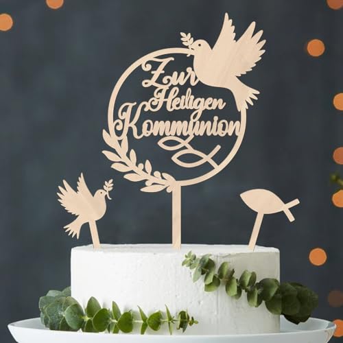 Kommunion Tortendeko, Zur Heilige Kommunion Cake Topper, Erstkommunion Tortendeko, Holz Torten Topper Kommunion, Taube Fisch Kuchen Deko Erstkommunion Deko Torte für Junge Mädchen von Augesak