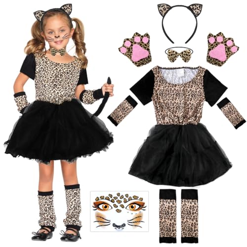 Mädchen Leopard Kostüme Karneval, Leoparden Kostüm Set, Carnival Tierkostüm für Kinder, mit Leoparden Kleid, Cosplay Leoparden Ohren Handschuhe, Karneval Fasching Verkleidung Kostümzubehör (L) von Augesak