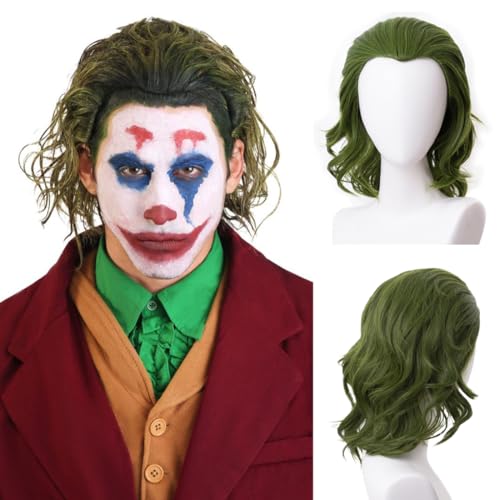 Augesak Joker Perücke Herren, Grüne Perücke für Joker Kostüm Herren, Locken Perücken Joker Grün, Wig Kurze Wellige Clown Perücke für Herren Fasching Halloween Karneval Kostüm Joker Cosplay von Augesak